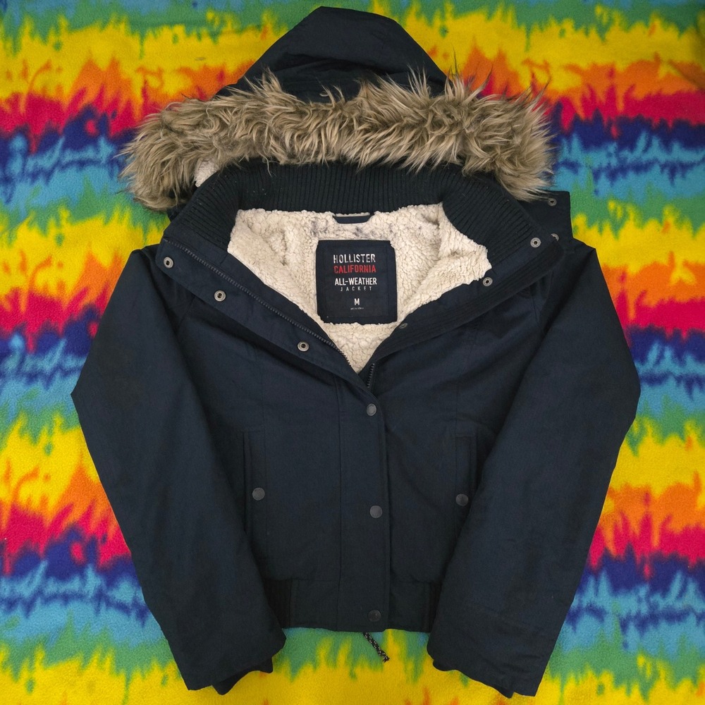 Y2K Hollister California All-Weather Jacket Navy Sherpa Lined Fur Hood M